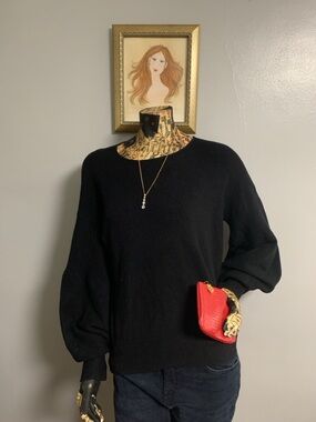 Classic Black Women's Crewneck Sweater with Balloon Sleeves